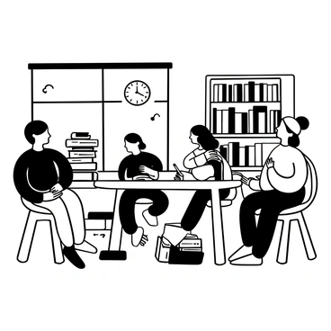 A quiet study area in a library filled with wooden tables and shelves stacked with books. Several students are seated at the tables, each with their own stack of books and notebooks open in front of them. One student is writing notes with a pencil, while another is flipping through a thick textbook. A tall bookshelf is in the background, with various titles clearly visible, and a large window allows soft light to illuminate the space. A clock is mounted on the wall, showing the time. A few chairs are scattered around, some pushed in, indicating a peaceful atmosphere.