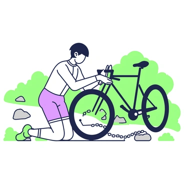 A cyclist is kneeling next to their bicycle on a dirt trail. The cyclist has short hair and is wearing a helmet, a fitted cycling jersey, and padded shorts. They are focused on reattaching a broken chain, using a small tool in their right hand. The bicycle is propped upright, with the front wheel slightly turned. Surrounding the cyclist, there are patches of green grass and some scattered rocks on the trail, along with a backdrop of trees with a mix of green foliage. The sky above is clear, indicating a sunny day.