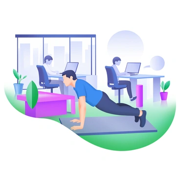A modern office space featuring a worker taking a break to do push-ups on a gray exercise mat. The worker is wearing a blue polo shirt and black pants, demonstrating proper form as they perform the push-ups. Surrounding them are office elements such as a desk with a laptop, a potted plant, and a window showing a cityscape outside. Other employees can be seen in the background at their desks, focused on their work. The overall atmosphere is bright and organized, reflecting a healthy work environment.