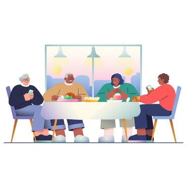 A large wooden dinner table is set for a family meal, adorned with a white tablecloth and colorful dishes. At one end of the table, two elderly individuals with gray hair are engaged in a conversation, their hands animatedly gesturing as they discuss memories from the past. They are seated on cushioned chairs, wearing comfortable sweaters. Facing them are two teenagers, each absorbed in their smartphones, with one wearing a black hoodie and the other in a bright red t-shirt. The warm glow of overhead lights illuminates the table, highlighting the various food items, including a roasted chicken, fresh salad, and a basket of bread. In the background, a window reveals a soft twilight, adding a cozy atmosphere to the scene.