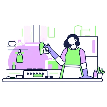 A person is standing in a bright kitchen, cleaning surfaces with a disinfectant spray. They are wearing blue rubber gloves and a white apron. The person is holding the spray bottle in their right hand and wiping down the counter with a green cloth in their left hand. The kitchen is equipped with modern appliances, including a stove and a refrigerator. On the counter, there are various cleaning supplies neatly arranged, including a bottle of dish soap and a sponge. The person's expression shows concentration as they work diligently to keep the kitchen hygienic. A small container of fresh vegetables is visible in the background, emphasizing the importance of cleanliness in food preparation.