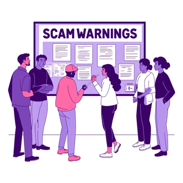 A group of individuals of various ethnicities and ages is standing in front of a large community bulletin board. The bulletin board is filled with multiple documents and flyers, prominently featuring "SCAM WARNINGS" in bold letters at the top. Some people are pointing at the flyers, while others are discussing the information. One person is taking a photo of the board with their phone, and another is holding a notepad to jot down notes. The atmosphere is engaged and attentive as they share concerns about the warnings displayed.