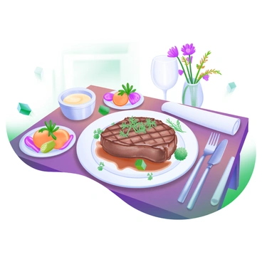 A modern pastel illustration of a gourmet meal beautifully plated on a wooden table. The dish features a perfectly seared steak, garnished with vibrant green herbs and colorful microgreens. Surrounding the plate are elegantly arranged side dishes, including roasted vegetables in bright hues and a small bowl of creamy sauce. The table is set with polished silver cutlery and a folded cloth napkin. Soft natural lighting bathes the scene, enhancing the appetizing colors of the meal. In the background, there are subtle hints of decorative elements such as a vase with fresh flowers and a wine glass.
