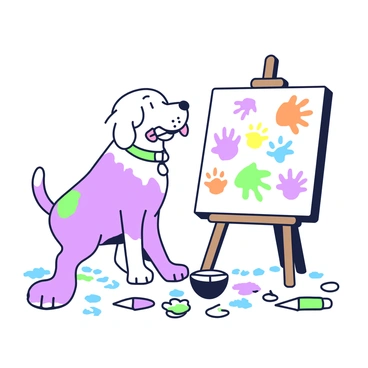A Labrador with a shiny coat is standing next to an easel holding a blank canvas. The dog has a paintbrush in its mouth, showcasing a playful expression. On the canvas, there are vibrant paw-paintings in various shapes and sizes, with colorful splotches that resemble flowers and abstract designs. The ground beneath the easel is scattered with paint tubes and paw prints, indicating an artistic endeavor. The scene is set in a bright and cheerful environment, creating a lively artistic atmosphere.