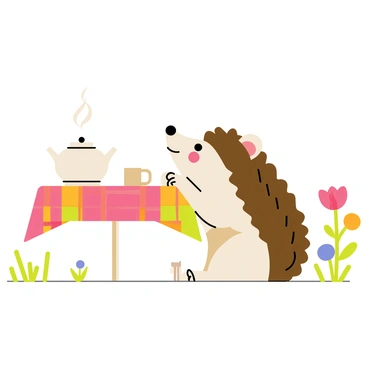 A hedgehog with soft brown fur is sitting at a small round table. The table is covered with a colorful checkered tablecloth. In front of the hedgehog, there is a tiny white teapot with a matching cup. Steam rises delicately from the teapot, indicating that the tea is warm. The hedgehog has its tiny paws resting on the table, with a content expression on its face as it prepares to sip from the cup. This charming scene is set in a sunny garden, with a few flowers blooming nearby, adding to the delightful atmosphere of afternoon tea.