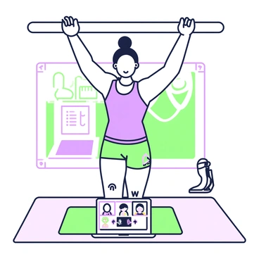 A fitness instructor is performing a dead hang while on a video call. They are suspended from a horizontal bar, with their arms fully extended and legs hanging down. The instructor is wearing a fitted athletic tank top and shorts. Their expression is focused as they demonstrate proper form. The background features a wall with motivational fitness posters and a yoga mat on the floor. A laptop is positioned on a table in front of them, displaying the video call interface with several small windows showing participants.