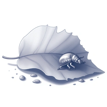 A small beetle is nestled beneath a large, fallen leaf. The beetle's rounded shape is visible, with its intricate body patterns partially obscured by the textured surface of the leaf above. The leaf itself shows signs of degradation, with jagged edges and a mottled surface, creating a contrast against the smoothness of the beetle's shell. The ground is scattered with bits of soil and smaller leaves, enhancing the natural environment where the beetle is taking refuge.