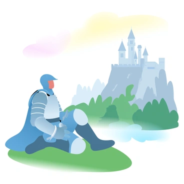 A knight dressed in shining armor is sitting on a grassy hilltop. The knight is resting on one knee, gazing thoughtfully towards a distant castle perched on a rocky outcrop. The castle has tall towers and a fortified wall, surrounded by a lush forest in the foreground. The sky above features soft gradient pastel colors, blending from warm yellows to cool blues, creating a peaceful atmosphere. A sword is sheathed at the knight's side, and a flowing cape drapes gently behind them, catching a light breeze.