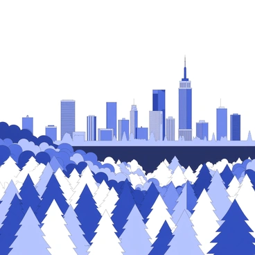 A vibrant city skyline blending into a serene forest landscape
