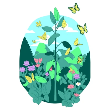 A teal sweet bean plant with vibrant green leaves is standing tall in a garden. Numerous yellow butterflies with intricate patterns are fluttering around the plant, some landing delicately on its leaves. The garden is filled with soft sunlight filtering through nearby trees, casting gentle shadows on the ground. The background features colorful flowers in various shapes and sizes, creating a lively atmosphere. The butterflies display a range of wing positions as they move gracefully through the air, adding to the scene's dynamic feel.