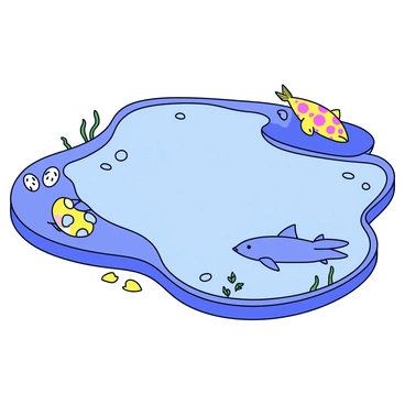 A rock pool with clear blue water, showcasing different stages of a sea creature's life cycle. At one end of the pool, there are small, translucent eggs resting on the rocky bottom. Next to them, tiny larvae are swimming, barely visible with their delicate fins. Moving along the pool, there is a juvenile sea creature with vibrant colors, resting on a flat rock. Finally, at the opposite end, a fully grown sea creature is gracefully swimming, displaying its full size and detailed textures. Alongside the pool are various seaweeds and small pebbles to add to the natural environment.
