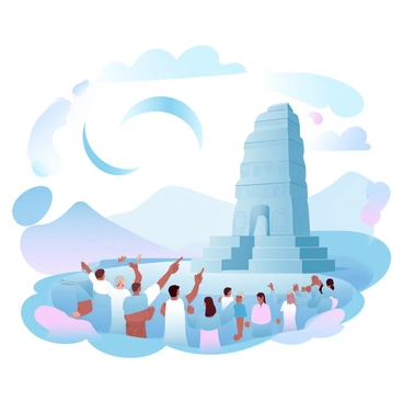 An ancient scene is depicted, featuring a vast sky transitioning from light to dark as a solar eclipse occurs. In the foreground, a group of people is gathered, wearing traditional clothing and engaged in various activities, some pointing toward the sky in awe. A large, intricately carved stone structure stands prominently, possibly representing a temple, with intricate patterns visible on its surface. In the background, mountains rise against the changing sky, and wisps of clouds drift across the scene. The atmosphere is filled with a sense of wonder, as the sun is partially obscured by the moon, casting a unique light over the landscape.