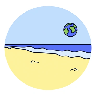 A bright beach scene with soft, golden sand under a clear blue sky. In the background, there is a depiction of "Earth," visible as a vibrant globe. Gentle waves are crashing on the shore, creating a frothy white edge where the water meets the sand. The beach is empty, with no people or objects present, emphasizing the tranquility of the scene.