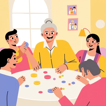 An elderly woman with silver hair styled in a bun is sitting at a round table. She has a mischievous expression on her face, with raised eyebrows and a slight smirk, suggesting she is about to outsmart her opponents. Around her, three younger players, a man and two women, are visibly focused on their cards, unaware of her strategy. The table is cluttered with colorful game pieces and snacks, creating a lively atmosphere. Behind her, a warm living room setting is enhanced by family photos on the walls and a cozy lamp casting a soft glow.