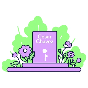 A memorial dedicated to "Cesar Chavez" stands prominently in a tranquil setting. The memorial is designed with a simple yet elegant structure, featuring an inscription that honors his legacy. Surrounding the memorial, there are various types of blooming flowers in different arrangements, creating a vibrant display. These flowers include large blossoms and delicate petals, adding color to the scene. In the background, there are lush green leaves framing the memorial, enhancing the focus on this tribute. The sunlight gently filters through the leaves, illuminating the area and casting soft shadows around the memorial and flowers.