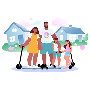A diverse family posing with their folding scooters in a suburban neighborhood