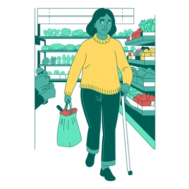 A teal person is shopping for groceries in a bright market. They are walking confidently with a white cane in their right hand. The person is wearing a warm yellow sweater and dark blue jeans. In their left hand, they are holding a reusable shopping bag filled with fresh produce like red apples and green vegetables. Surrounding them are shelves lined with various colorful items, creating a vibrant atmosphere. The person has a focused expression, showcasing their determination and independence while navigating through the aisles.