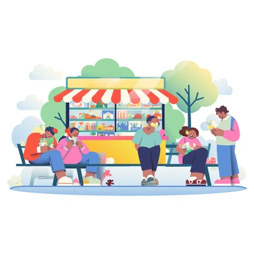 A vibrant puzzle kiosk is set up in a public space, surrounded by families engaging in activities. The kiosk is adorned with various colorful jigsaw puzzles displayed on its shelves, featuring themes like animals, landscapes, and famous landmarks. Several children are sitting on benches nearby, each focused on assembling their own puzzles, with pieces scattered around them. Parents are standing by, offering assistance and encouragement. The scene is lively, with a backdrop of trees, and sunlight filtering through the leaves, creating a warm atmosphere.