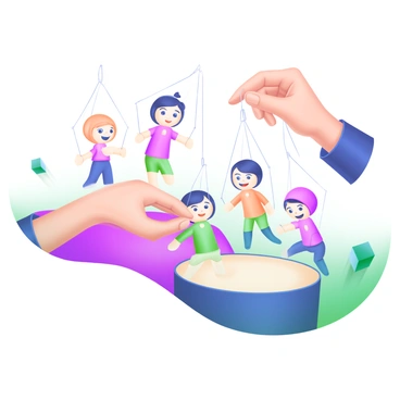 A modern pastel illustration depicting a pair of hands skillfully maneuvering taut strings. The strings are attached to lively marionettes, each with distinct features such as colorful clothing and expressive faces. The puppets showcase a range of emotions, from joy to surprise. The background includes soft pastel shades that enhance the scene, creating a warm atmosphere.