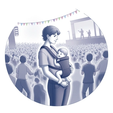 A large outdoor concert scene filled with a crowd of people enjoying the music. In the foreground, a parent is standing, holding a baby securely in a fabric carrier attached to their chest. The parent has short, wavy hair and is wearing a comfortable t-shirt and jeans. The baby is content, peeking out from the top of the carrier. Surrounding them are various concert-goers, some dancing, others holding drinks, and a stage in the background with musicians playing instruments. The atmosphere is vibrant with excitement as colorful banners and decorations are visible throughout the venue.