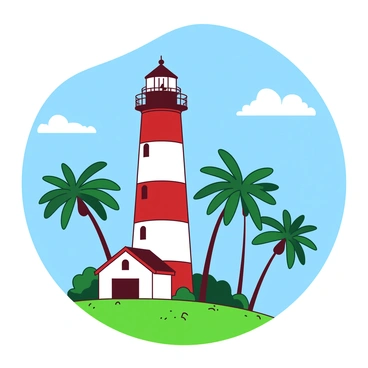 The historic Jupiter Inlet Lighthouse is prominently positioned on a grassy hill. The lighthouse is painted in a contrasting combination of white and red stripes, with a tall lantern room at the top. Surrounding the lighthouse, there are lush green palm trees swaying gently. A clear blue sky fills the background, with a few fluffy white clouds scattered across. The sun casts bright light on the scene, highlighting the details of the lighthouse’s structure and the greenery around it.