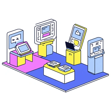 A trade show exhibit featuring multiple interactive displays showcasing various products. The exhibits have bright colors and sleek designs that draw attention. There are several brochures neatly arranged on a table near the displays for visitors to take. The layout is open and inviting, with pathways allowing easy navigation between the exhibits. Each display includes touchscreens that demonstrate the products' features.