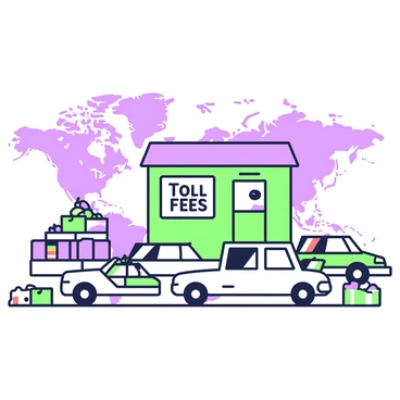A toll booth is positioned prominently on a detailed world map. The booth has a rectangular structure with a roof and a small window at the front for transactions. To the left of the booth, a sign displays the words "Toll Fees" in bold typography. In front of the booth, a variety of vehicles are lined up, some displaying flags from different countries to represent foreign goods. The world map beneath the booth features outlined continents with various trade routes marked. Scattered around the booth are boxes and crates filled with items that suggest international commerce, such as fruits, textiles, and electronics.