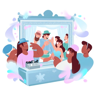 An antique photo booth is set up at a wedding reception, featuring ornate wooden framing and vintage decorations. Guests are gathered around, trying on various vintage accessories such as feather boas, colorful hats, and oversized sunglasses. The booth has a retro camera with a flash, and a backdrop adorned with floral patterns and soft draping fabric. Some guests are posing playfully while holding props, and others are laughing as they look through a box filled with more accessories. The atmosphere is lively and joyful, filled with vibrant colors and textures.