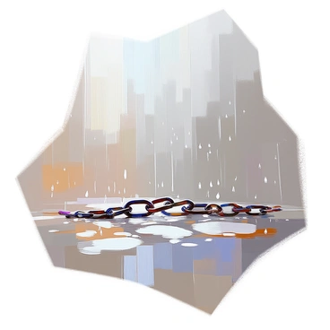 Raindrops are cascading from a gray sky, each droplet striking the ground with a soft splatter. The wet earth reflects the muted light, while the chains drawn on the ground are slowly being washed away, lines blurring and fading with each drop. Small puddles form where the water collects, creating ripples that distort the remaining traces of the chains. The scene is filled with a sense of movement as the rain continues to fall, cleansing the surface beneath.