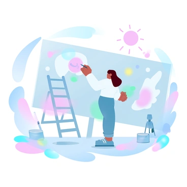 An artist is standing in front of a large wall, actively painting a vibrant mural with bold colors. The mural features various abstract shapes and patterns that reflect a sense of creative freedom. The artist is holding a paintbrush in one hand, and colorful paint splatters are visible on their clothing. A ladder is positioned nearby, and various paint cans in vivid hues are scattered on the ground. The surrounding area is filled with paintbrushes and other art supplies. A bright sun shines overhead, illuminating the scene.