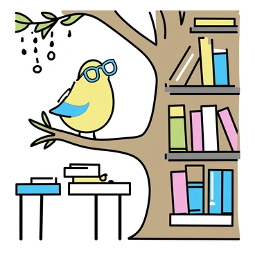 A small bird with bright feathers stands on a branch inside a tree library. The bird is wearing tiny reading glasses perched on its beak. Around it are various books, neatly organized on wooden shelves carved into the tree trunk. The books come in different colors and sizes, some are stacked while others are upright. Sunlight filters through the leaves, casting dappled shadows on the wooden floor of the library. A small desk made of twigs sits nearby, with a tiny notepad and pencil next to it.