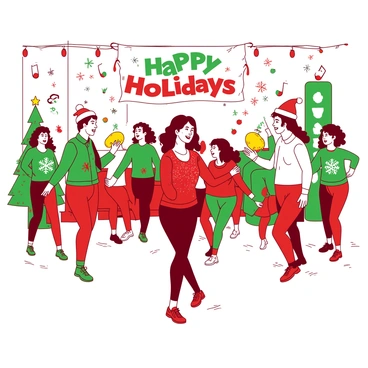 A vibrant aerobics class takes place in a bright studio filled with holiday decorations. Participants are wearing festive attire, including red and green leggings and sweaters adorned with snowflakes and reindeer patterns. Some individuals have added holiday-themed accessories, such as Santa hats and jingle bell necklaces. The instructor stands at the front, energetically leading the class with a smile, wearing a sparkly red top. A colorful banner reading "Happy Holidays" hangs above, and lively music notes are illustrated around the room, enhancing the cheerful atmosphere.
