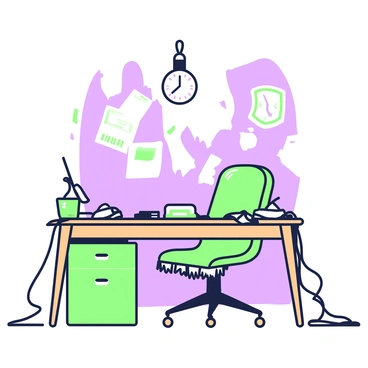 A dingy office space features a dusty desk cluttered with scattered papers, some partially crumpled. The desk is made of worn wood, showing signs of age, with a faded green file holder leaning to one side. A chair with frayed upholstery is positioned at the desk, its legs partially hidden under a tangle of cables. In the background, a dim light bulb hangs from a ceiling fixture, casting a muted glow over the scene. The walls are marked with peeling paint, and an old clock hangs crookedly, indicating a time that has long passed.