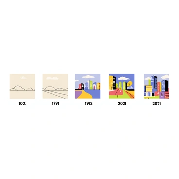 A series of five illustrations arranged in a chronological layout showcasing the evolution of an artist's work. The first illustration features a simple sketch of a landscape, with basic lines and minimal detail. The second illustration shows a more refined version of the landscape, with added colors and depth. The third illustration depicts a vibrant scene of an urban setting, utilizing bold colors and dynamic perspectives. The fourth illustration presents an abstract interpretation of the cityscape, incorporating geometric shapes and a mix of colors. The final illustration illustrates a complex, multi-layered composition that blends various styles, showcasing a mastery of technique and creativity. Each illustration is labeled at the bottom with the year it was created, emphasizing the timeline of artistic growth.