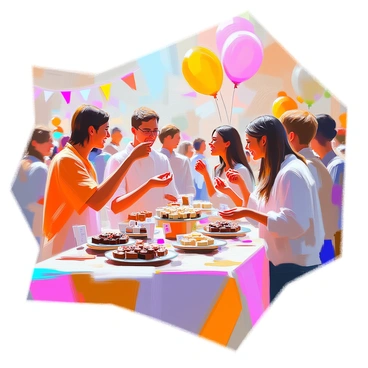 A vibrant festival table showcasing an array of chocolate treats available as free samples. The table is adorned with a colorful tablecloth and is laden with various chocolate confections, including dark chocolate truffles, milk chocolate squares, and white chocolate bark. Each type of chocolate is neatly placed in small, decorative containers, with some adorned with sprinkles and nuts. Small, elegant signs indicate the flavors and ingredients of each sample. Surrounding the table are cheerful festival-goers of diverse backgrounds, excitedly tasting the chocolates and discussing their favorites. Bright decorations and balloons create a festive atmosphere in the background.