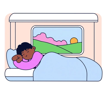 A person lying on a comfortable bed in a train sleeper car. The bed has soft bedding with a light blue blanket. The sleeper car features wooden paneling and a small window. Outside the window, there is a scenic landscape with rolling green hills and a clear blue sky. The sun is setting, casting warm orange and pink hues across the clouds. The person is peacefully sleeping, with their head resting on a fluffy pillow.