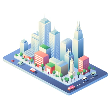 A cityscape is depicted from a skewed 3D perspective, showcasing various buildings that seem to stretch upward with sharp angles. Skyscrapers have glass facades reflecting sunlight, while smaller structures are in the foreground. The streets below are bustling with tiny vehicles and people moving about. The skyline includes a mix of architectural styles, from modern glass towers to classic brick buildings, creating a dynamic urban landscape. Soft gradient colors give the scene a sense of depth and dimension as the view draws the eye toward the horizon.