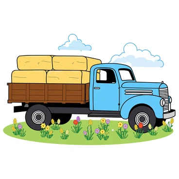 A vintage truck with a weathered blue paint job and white accents parked in a sunny field. The truck has a rusted metal bed filled with golden hay bales, neatly stacked. Surrounding the truck, vibrant wildflowers in various colors, including yellow, purple, and red, are growing among the green grass. The sky is clear with a few fluffy clouds scattered, adding a bright and cheerful atmosphere to the scene. The sun casts soft shadows from the hay bales and the truck, enhancing the depth of the image.