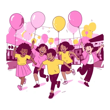 A group of children is running joyfully through a vibrant festival, each holding colorful balloons in their hands. The children are of diverse backgrounds, with different hairstyles and outfits reflecting a variety of colors. The balloons are in shades of pink and yellow, floating above their heads. In the background, there are festival decorations and bright lights that enhance the lively atmosphere. Some children are laughing while others smile widely, creating an overall sense of excitement and joy at the festival.