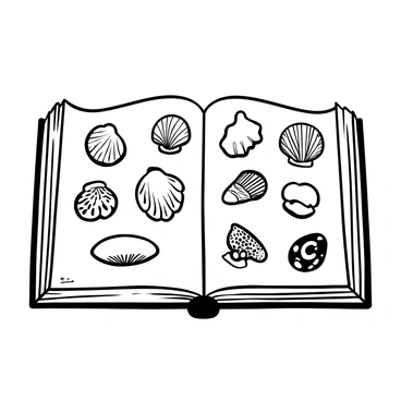 An open book displaying multiple pages filled with intricately detailed illustrations of various types of scallop shells. Each page showcases a different species, with distinct patterns and textures represented in fine lines. The book rests on a wooden surface, and delicate shadows add depth to the scene. The scallop shells are depicted in various orientations, some in profile view while others are shown from above, highlighting their unique shapes. The spine of the book is visible, showing signs of use, adding a sense of history to the visual.