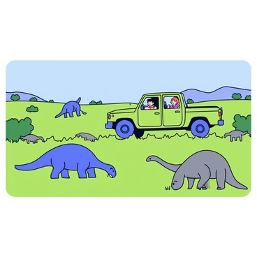A safari vehicle is parked on the edge of an open valley. The vehicle has a bright green body and large, rugged tires, designed for rough terrain. Inside the vehicle, a few people are looking out through the open windows, observing the scene. In the foreground, a group of iguanodons is grazing on the lush green grass. The iguanodons are large dinosaurs with distinctive thumb spikes and elongated bodies. Some of them are bending down to eat while others are standing tall, their tails held out behind them. The valley is dotted with a few scattered bushes and trees in the distance under a clear blue sky.