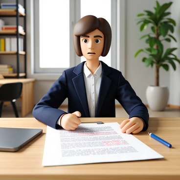 An office worker with short brown hair, wearing a dark blue suit and a white shirt, sits at a wooden desk. They have a focused expression, with their brow slightly furrowed, indicating worry. In front of them is a contract document that is filled with visible red-ink corrections and annotations. The office background features shelves with books and a potted plant, enhancing the professional atmosphere. The desk has a laptop and a pen alongside the contract, completing the scene.