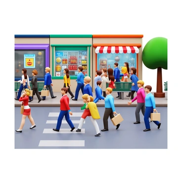 A bustling street scene filled with shoppers. People are walking along the sidewalk, carrying various "paper bags" from local stores. The shoppers are diverse in age and appearance, some wearing casual clothing and others in business attire. The storefronts display colorful signs and window displays, showcasing the merchandise inside. The street is lined with trees and benches, adding to the lively atmosphere. A few people stop to chat, while others continue to browse the shops.