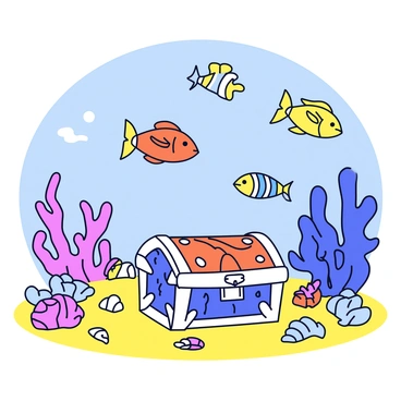 A vibrant underwater scene filled with various fish swimming cheerfully. The fish come in different shapes and colors, including orange, yellow, and blue. In the foreground, there is a treasure chest partially buried in the sandy ocean floor, decorated with intricate patterns. Surrounding the chest are colorful coral reefs and scattered seashells, adding to the lively atmosphere of the underwater environment.