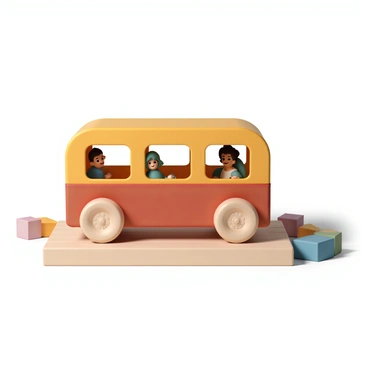 A beautifully crafted wooden toy bus, featuring a bright red and yellow color scheme. The bus has large, rounded wheels and detailed windows etched into the wood. Inside the bus, there are mini passengers, including a smiling boy in a blue shirt and a girl in a green dress, both made of painted wood. The bus is positioned on a light-colored wooden surface, highlighting its craftsmanship and vibrant colors. Surrounding the bus are a few scattered wooden blocks in various shapes and colors to add a playful atmosphere to the scene.
