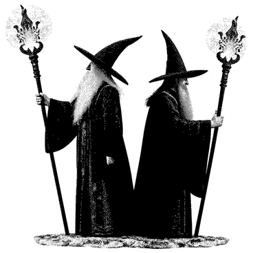 Two wizard action figures are positioned back-to-back, each holding a staff that emits light and is adorned with intricate designs. The first wizard has a long flowing robe with detailed patterns, and his beard is exaggeratedly long. The second wizard has a pointed hat that is oversized, and his cloak billows behind him. Both figures are standing on a textured surface that resembles a rocky terrain. The wizards are animated, caught in the act of casting powerful spells, with magical energy swirling around them. The scene captures their intense expressions as they concentrate on the spells they are conjuring.