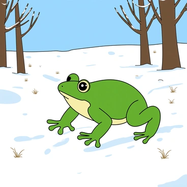 A large green bullfrog with prominent eyes is hopping across a snowy landscape. Its webbed feet leave clear, rounded tracks in the soft, white snow. The frog's skin is shiny, glistening under the bright sunlight. Surrounding the frog are patches of snow-covered ground with small tufts of dried grass peeking through. In the background, there are a few tall, bare trees with branches dusted in snow, creating a serene winter setting. The sky above is a clear blue, contrasting with the white snow.