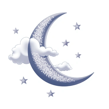 A crescent moon adorned with intricate mehendi patterns. The moon is partially hidden by soft, swirling clouds, which also feature detailed designs consistent with mehendi art. Surrounding the moon and clouds are several stars, each embellished with decorative motifs in the same style. The arrangement creates a harmonious composition, highlighting the contrast between the celestial elements and the ornate patterns.