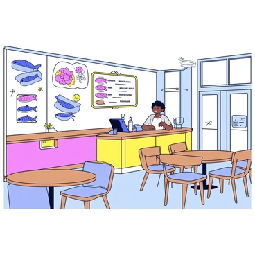 A trendy café interior featuring walls adorned with various herring-themed artworks, including illustrations of herring fish and abstract representations in vibrant colors. The café has wooden tables and chairs with a modern design, creating a cozy atmosphere. On the menu board, there are several herring-inspired dishes listed, prominently featuring items like herring salad and pickled herring on toast. A barista is seen preparing drinks behind a sleek counter, and natural light floods the space through large windows, giving a welcoming feel.