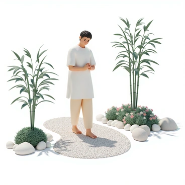 A person, wearing a white tunic and loose-fitting beige pants, is practicing walking meditation in a zen garden. The individual walks slowly along a winding gravel path surrounded by meticulously raked pebbles and carefully arranged stones. Tall bamboo plants provide a natural backdrop on one side, while small green shrubs and vibrant flowers are placed along the other side of the path. The person's hands are gently clasped in front, and their eyes are closed in concentration. Sunlight filters through the leaves, casting dappled shadows on the ground.